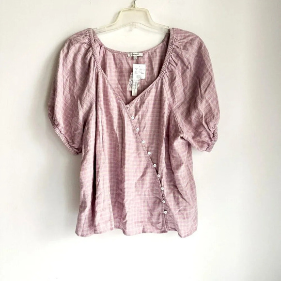 Madewell Pink Plaid Linen Blend Puff Sleeve Summer Top Blouse 3X - Picture 5 of 10